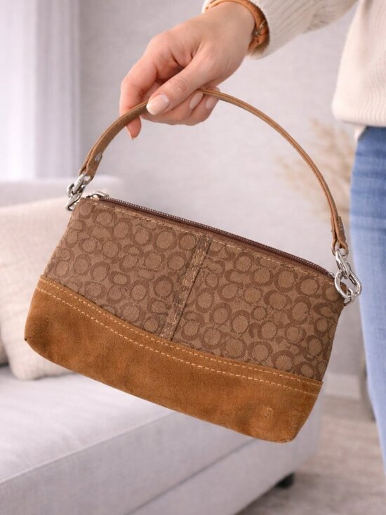 Coach Handbags - Coach Signature Canvas & Suede Wristlet | Brown Tan | Small Pochette